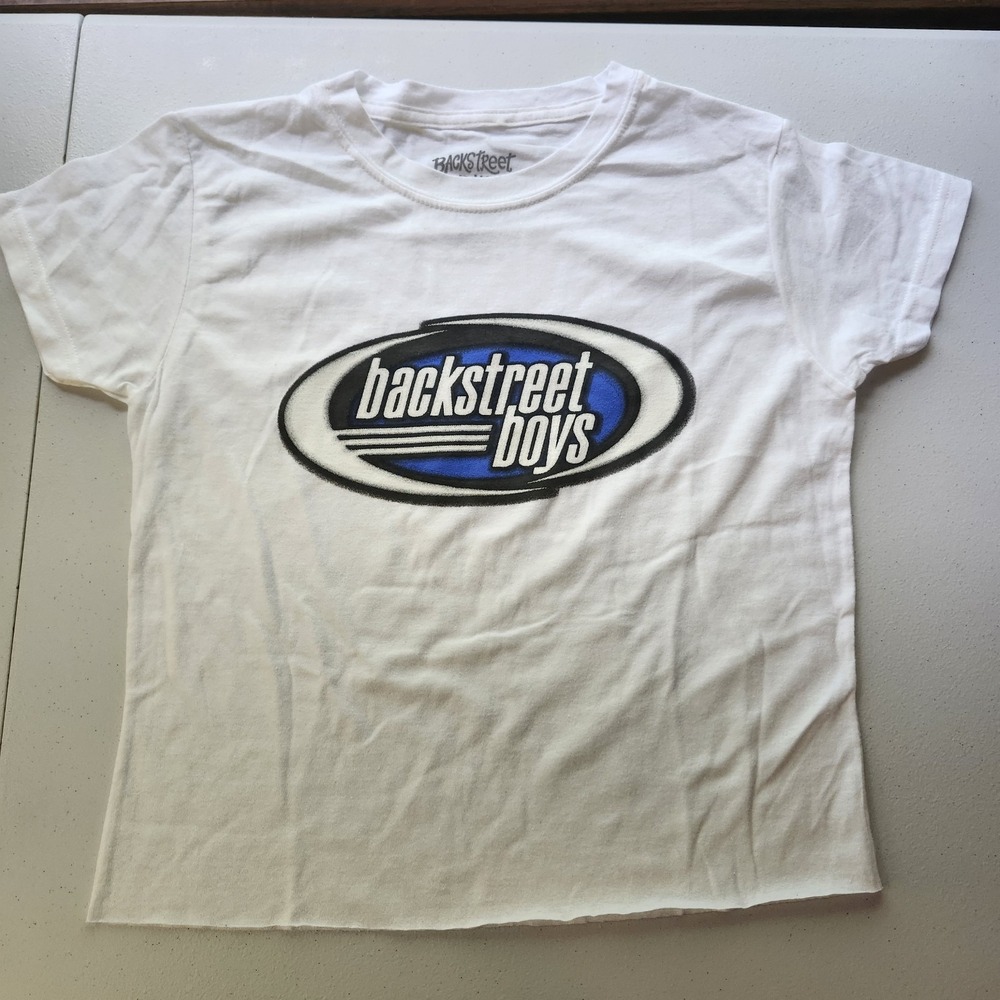 Backstreet Boys Vintage Logo Raw Edge White Logo T-Shirt Size S 100% Cotton